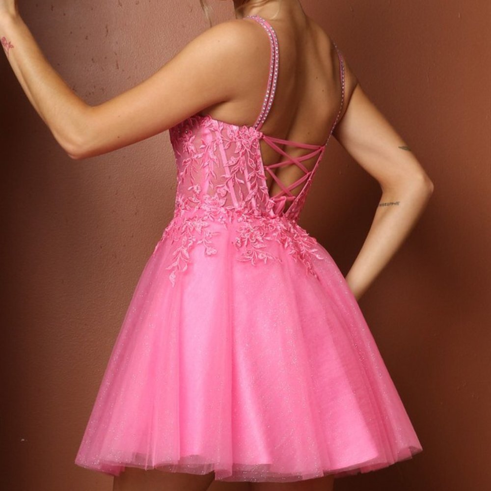 NEW PINK OFF THE SHOULDER SLEEVELESS EMBROIDERY MINI GOWN WITH STRAPS NX T724 - Picture 7 of 8